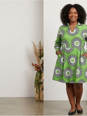 Green Printed Shirt-Sleeve A-Line Dress